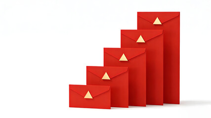 Red envelopes with golden seals arranged in ascending order on white background
