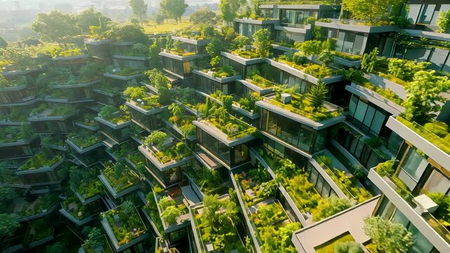 Sustainable residential complex with layered green terraces and lush rooftop gardens integrated into modern urban architecture under daylight