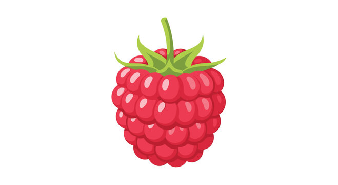 Realistic illustration of a single ripe red raspberry with a green stem and leaves shown on a clean white background.