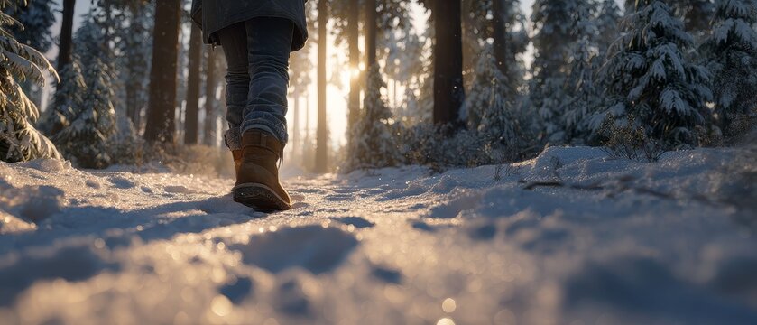 Winter forest walk on snowy trail first person perspective adventure in snow boots winter lifestyle experience