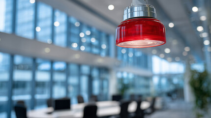 Fototapeta na wymiar Flashing red alarm signal in modern conference space, professional corporate environment, highlighting emergency response and safety management, contemporary office interior with g