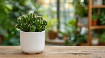 Potted cactus on wooden table, close-up view, defocused home interior in background, succulent care and indoor botanical decoration, hobby plant photography with copy space