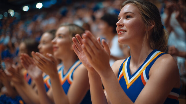 Four faceless cheerleaders leaning forward on bench, vibrant uniforms, clapping and cheering for basketball team, defocused gym interior and audience behind, sports enthusiasm and