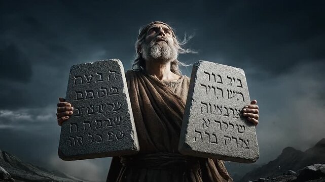 Elderly prophet holding stone tablets with commandments, determined expression, biblical Moses theme