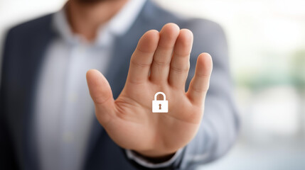 Naklejka premium Faceless open palm of businessman with white padlock above it, sign of personal data protection, security symbolism, privacy safeguard gesture, defocused hand, with copy space