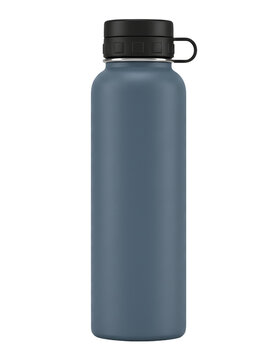 Matt blue reusable stainless steel water bottle with black lid isolated on white or transparent background