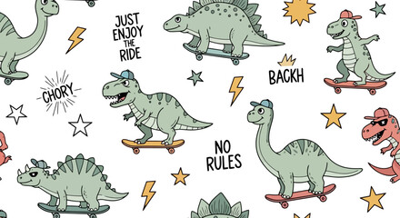 Cute cartoon dinosaurs skateboarding seamless pattern for childrens fashion. © rizkain