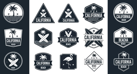 Obraz premium Collection of California Beach and Surf Emblems with Palm Trees and Surfboards.