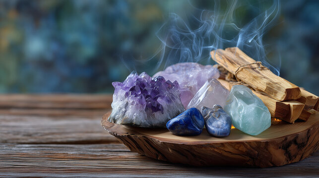Healing crystals arranged with burning palo santo on wooden altar, smoke curling around stones, positive energy ritual, calming spiritual setup for meditation, soft defocused backg