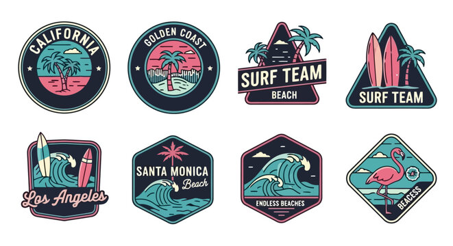 Collection of vintage surf and beach themed badges and emblems for summer apparel designs.