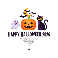 Happy Halloween 2026: Spooky Ghost, Jack O Lantern, Black Cat, Bats & Spiderweb