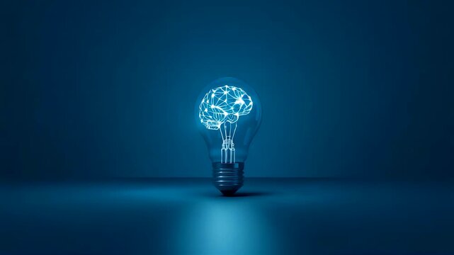 Glowing lightbulb with digital brain structure inside standing in dark studio space showing modern technology concept and creative innovation idea