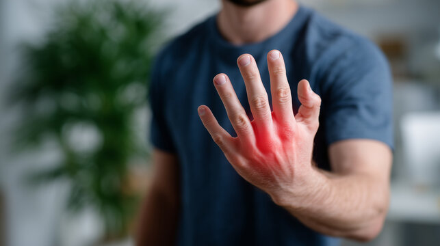 Close-up of human palm with visible discomfort, faceless hand showing ligament pain, health and medical issue illustration, defocused neutral background with copy space