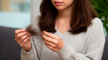Faceless female hands showing significant hair strands, post-brushing hair loss visualization, young woman concerned, hair damage and beauty treatment concept, soft defocused backg