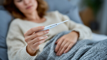 Obraz premium Close-up of faceless hands holding thermometer, indicating fever, sick person lying in bed, seasonal illness and exhaustion, headache and cold symptom visualization, defocused bedr