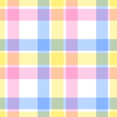 Seamless pastel plaid pattern with soft pink, yellow, and blue overlapping stripes. Aesthetic gingham checkered background for nursery textile and spring design.