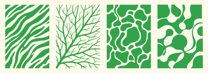Abstract nature patterns set with green zebra stripes, tree branches and water textures. A seamless vector collection of organic backgrounds for eco branding, wallpaper and fabric prints. © MH HASIB