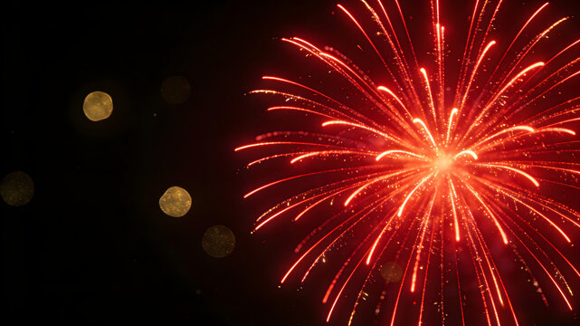 Vibrant red fireworks exploding against dark sky with golden bokeh lights
