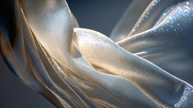 Flowing translucent fabric gracefully undulates in soft light, revealing shimmering textures and intricate folds against a blurred background, creating a sense of movement and elegance