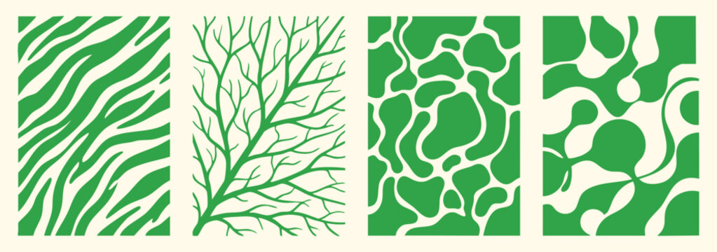 Abstract nature patterns set with green zebra stripes, tree branches and water textures. A seamless vector collection of organic backgrounds for eco branding, wallpaper and fabric prints.