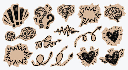 Cut out scrapbook doodle elements with hand drawn arrows, hearts and speech bubbles on torn paper. A vector collection of chaotic scribbles and attention signs for creative design and journaling. © MH HASIB