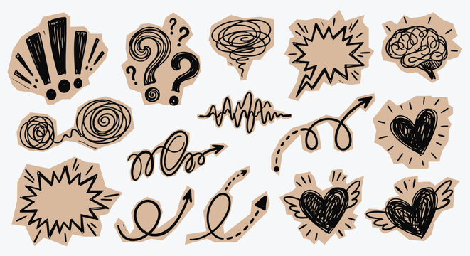 Cut out scrapbook doodle elements with hand drawn arrows, hearts and speech bubbles on torn paper. A vector collection of chaotic scribbles and attention signs for creative design and journaling.