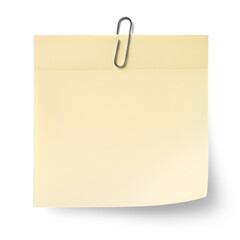 Yellow sticky note with a paperclip for reminders or messages isolated on white or transparent background