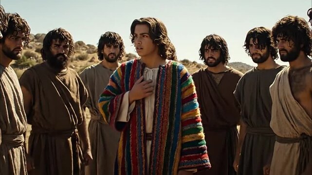 Joseph and his brothers with anxious mood surrounded on journey to Egypt in biblical story desert background