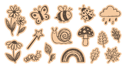 Cute nature doodle sticker set with hand drawn flower, butterfly and bee icons in a cartoon sketch style. A vector collection for scrapbooking, kids crafts, and spring themed designs. © ARTIST LAB