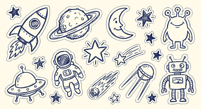 Space doodle sticker set of hand drawn rocket, astronaut and alien icons in a cute cartoon sketch style. A vector collection for kids room decor, science projects, and party invitations.