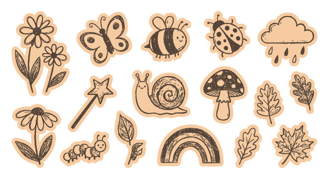 Cute nature doodle sticker set with hand drawn flower, butterfly and bee icons in a cartoon sketch style. A vector collection for scrapbooking, kids crafts, and spring themed designs.