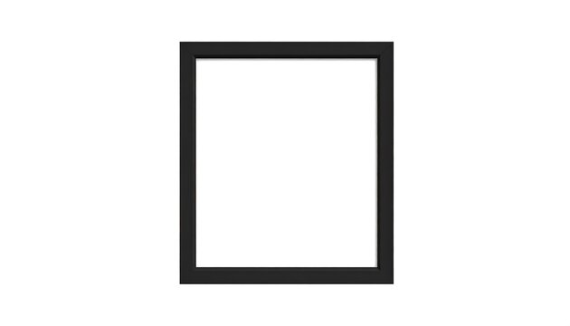A simple, black, rectangular frame is centered against a stark white background. The frame is completely empty, a dark border