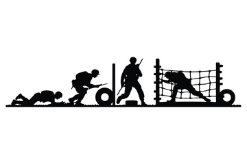 Obraz premium Silhouettes of soldiers performing obstacle course training