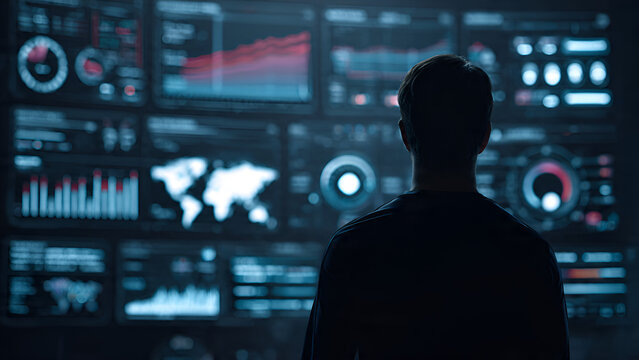 Silhouette of Data Analyst Monitoring Global Statistics and Financial Graphs on Large Digital Screen - Powered by Adobe