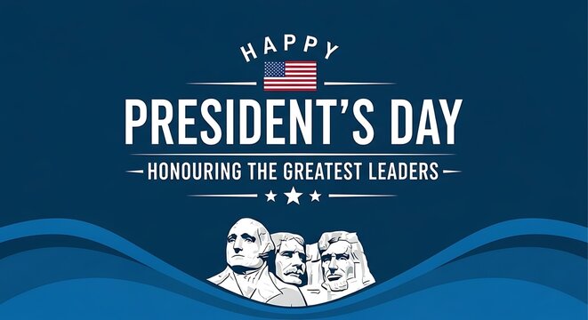 Happy Presidents Day graphic honoring the nation's greatest leaders with an American flag illustration and Mount Rushmore design