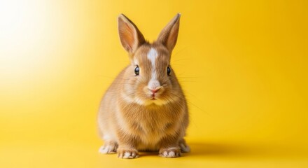 Obraz premium Cute brown rabbit with white markings sitting on yellow background looking directly at camera with perked up ears and soft fur texture