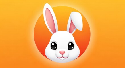 Obraz premium Cartoon white rabbit head with pink ears on orange background smiling and cute expression vector illustration for design or decoration