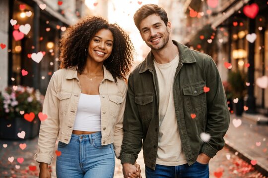 Smiling interracial couple holding hands walking down a charming city street with heart bokeh