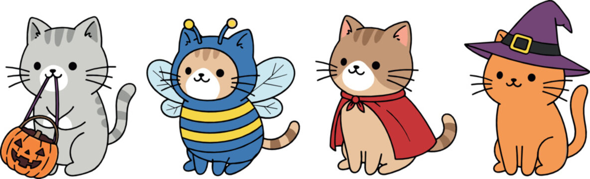 Cute Halloween cat vector set with kittens in costumes, pumpkin bucket, bee outfit, vampire cape, witch hat, and festive cartoon characters