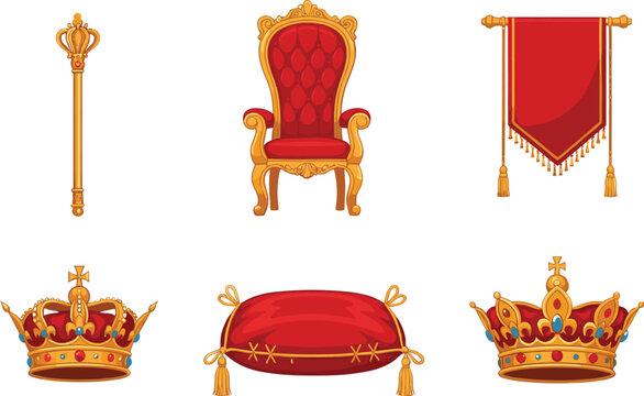 Royal medieval crown throne banner and scepter luxury monarchy vector illustration set