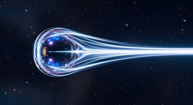 Abstract blue energy beam or wormhole in space with glowing particles