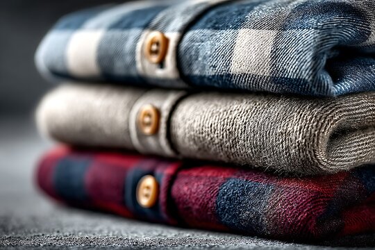 Stacked flannel shirts closeup of folded plaid, cozy texture, and wood buttons