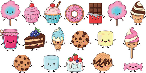 Cute kawaii dessert vector set with cupcakes, donuts, cookies, ice cream, cakes, candy, chocolate, and adorable smiling sweet characters