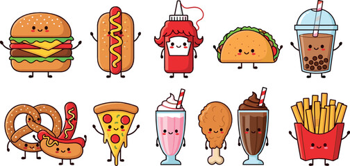 Cute kawaii fast food vector set with burgers, hot dogs, tacos, pizza, fries, drinks, desserts, and smiling cartoon snack characters © MdNazmul
