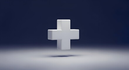 Obraz premium Clean 3D render of a white plus sign (+) symbol floating above a reflective surface with a dark blue background