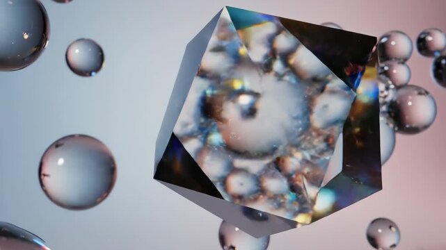 Various shapes of glass and crystal forms floating in air with light reflections and transparent bubbles