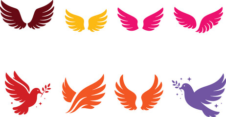 Colorful Wing Silhouettes Collection Featuring Bird Wings and Dove Wings Isolated on Transparent Background