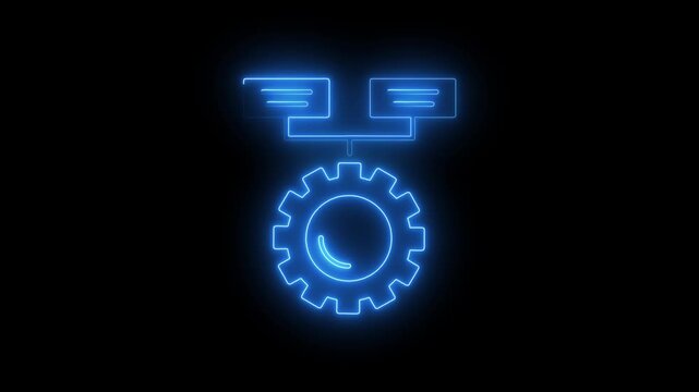 Neon Blue Gear and Chatbox on Black Background Technology Concept innovation