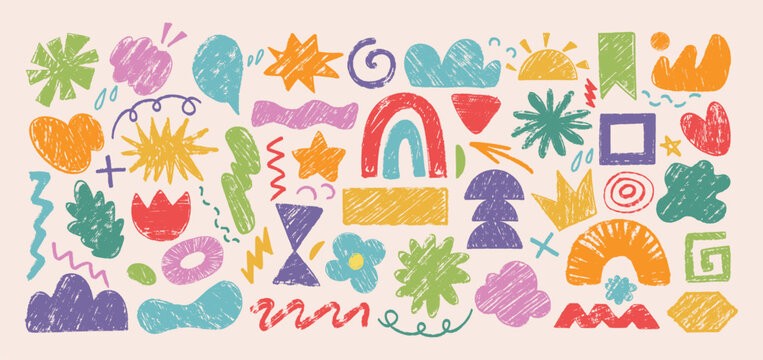 Playful hand drawn abstract shapes and doodles with crayon texture. Cute naive symbols, squiggles and colorful geometric kids elements, contemporary figures art. Vector set of children design stickers