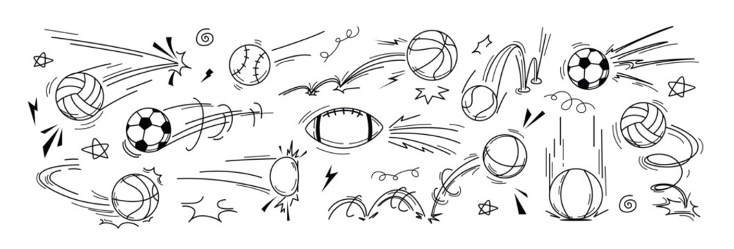Vector sport ball doodle illustration with motion and bounce line effects. Hand drawn tennis, soccer, football, basketball, rugby, volleyball or baseball icons with flying movement and jump trajectory